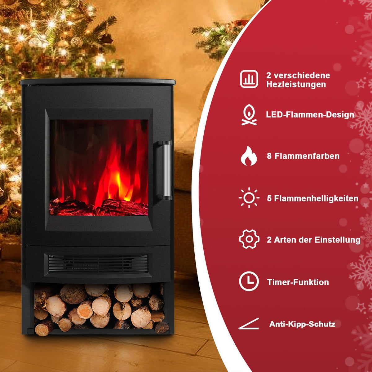 Elektrischer Kamin mit Heizfunktion, LED-Flammen, WLAN-Fernbedienung, Heizgebläse mit Timer, einstellbarem Thermostat, 900 W/1800 W