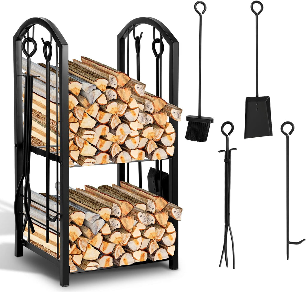 Holzregal für den Innenbereich, 37 x 33 x 74 cm, Holzregal mit Kaminbesteck, Metall-Holzregal (für den Außenbereich), Hilfsmittel zum Stapeln von Brennholz, schwarzes Hilfsmittel zum Stapeln von Brennholz