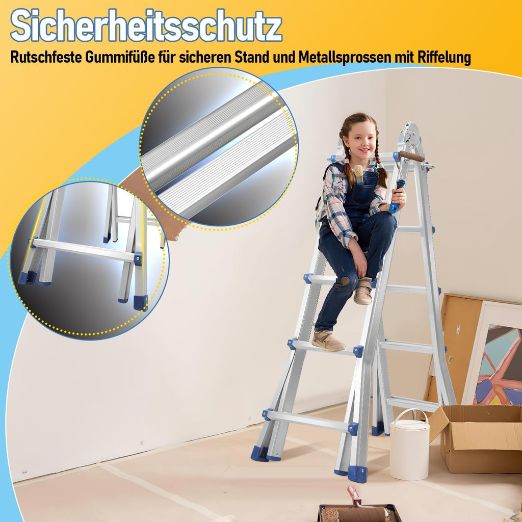 Aluminium multi-purpose ladder, 4-in-1 folding ladder, load capacity 150 kg, step ladder, extension ladder, double-sided ladder and stair ladder, telescopic ladder