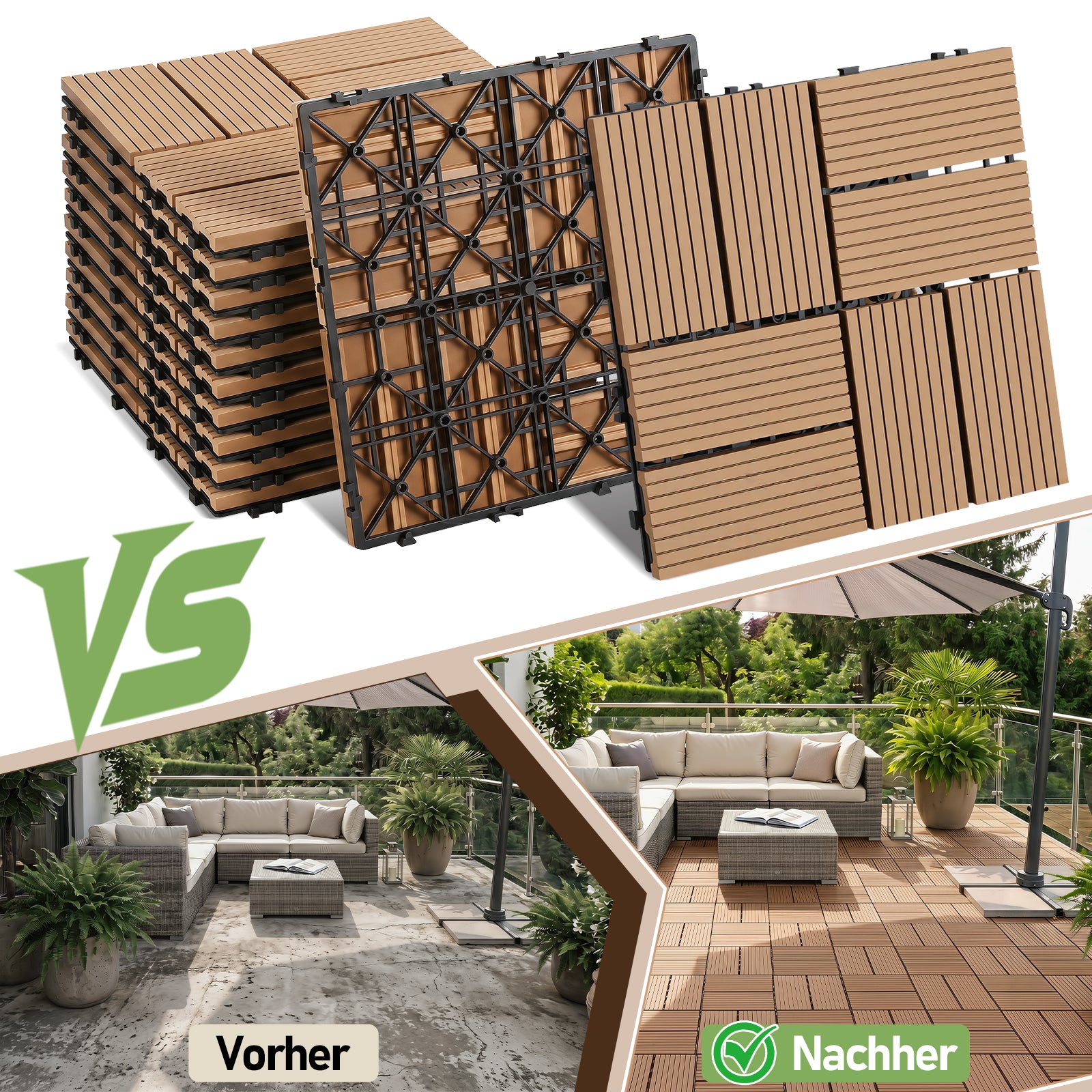 8 Streifen | 30 x 30 cm WPC-Terrassenfliesen 1–5 m², Teakholz-Optik/Rotbraun/Dunkelgrau | Wasserfeste, verlegbare und wasserdurchlässige Fliesen, geeignet für Balkone, Terrassen, Gärten und Außenbereiche