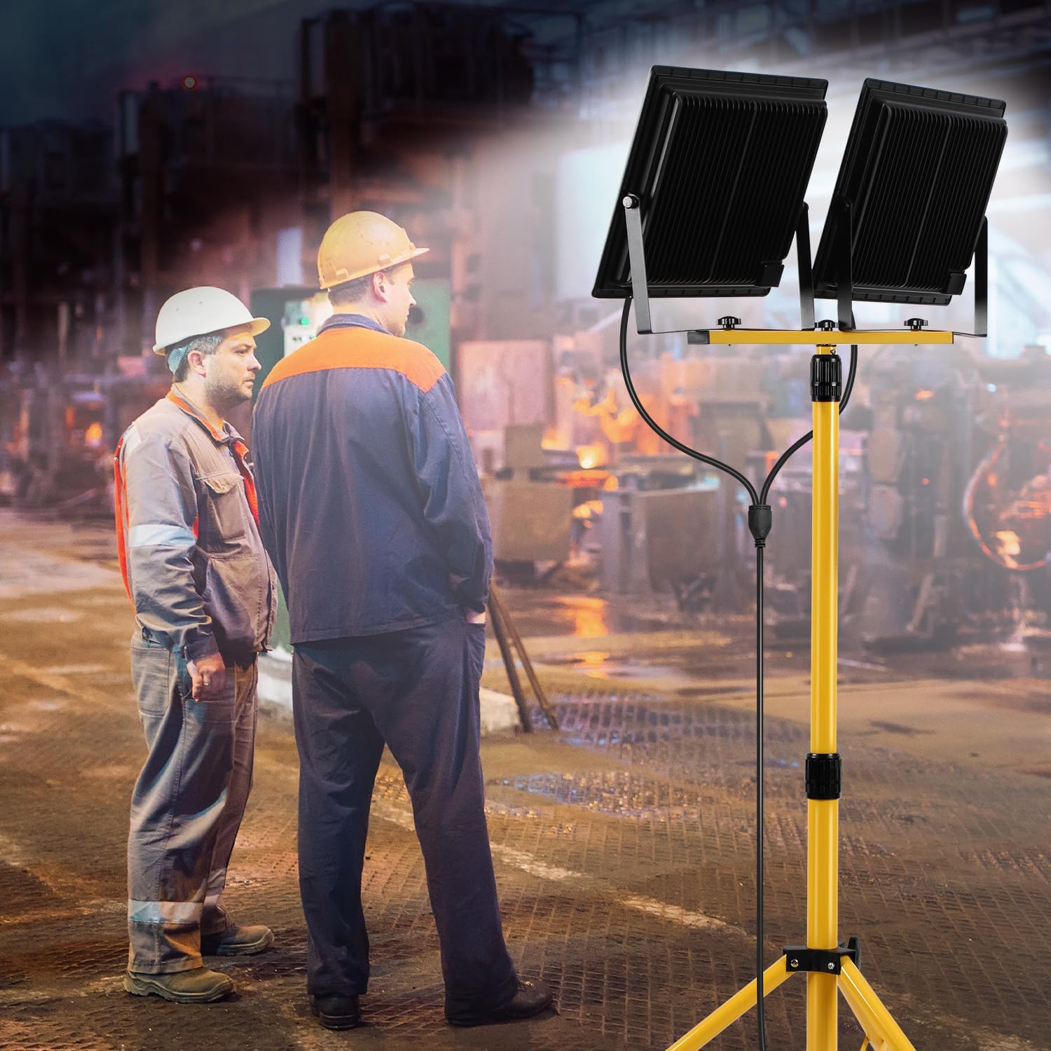 LED Baustrahler 2 x 50W / 100W / 200W, Baustrahler LED mit Stativ Einstellbar, 6500K Kaltweiß Baulampe für Innen- & Außenbereic, IP66 Baustellenlampe mit 3m Kabel Stecker für Baustelle Werkstatt Keller