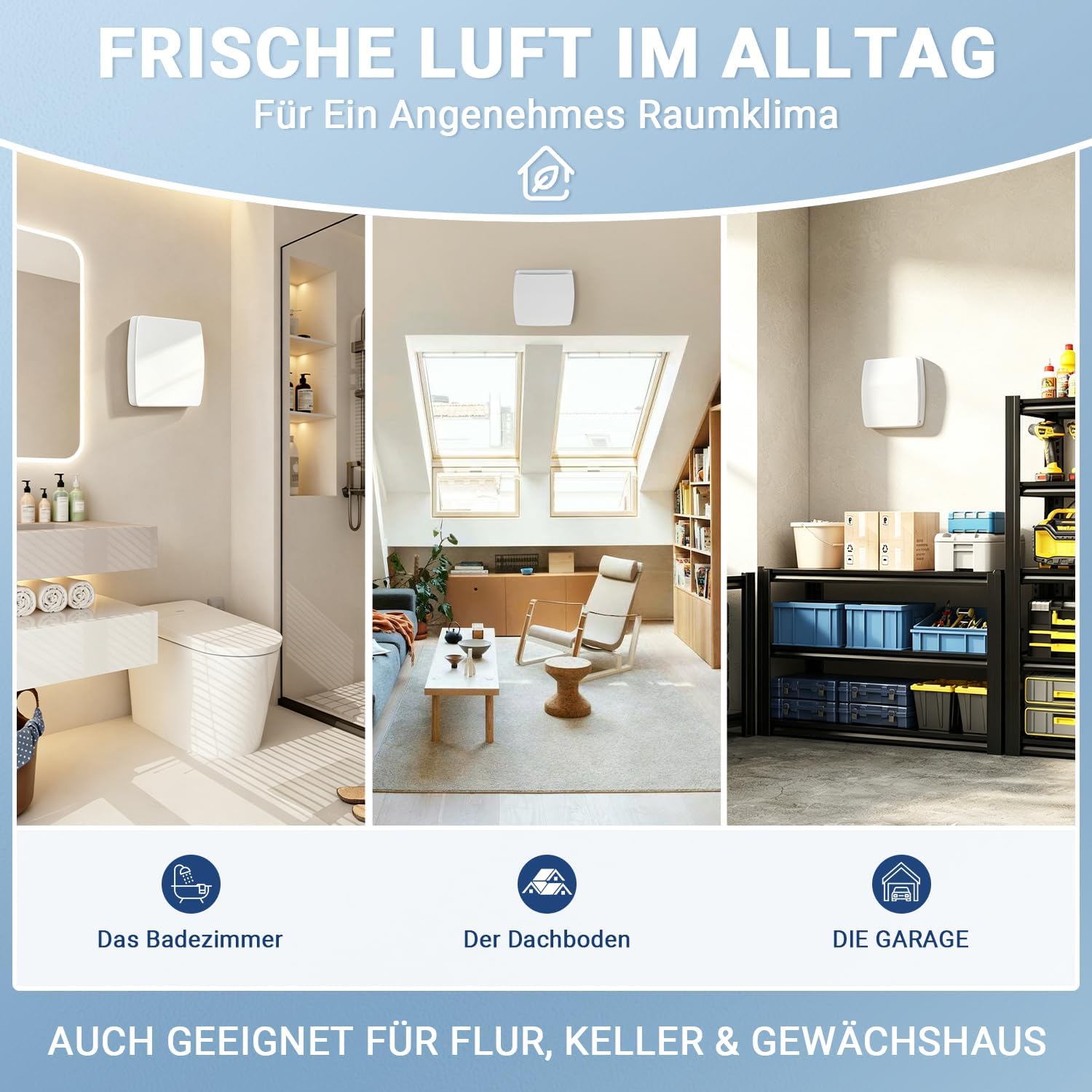 100/150-mm-Badventilator mit Feuchtigkeitssensor und Zeitschaltuhr, Schutzklasse IPX4, mit Rückschlagventil, 5 m Anschlusskabel, 35 dB, geeignet für Badezimmer, für Wand-, Glas- und Deckenmontage, weiß