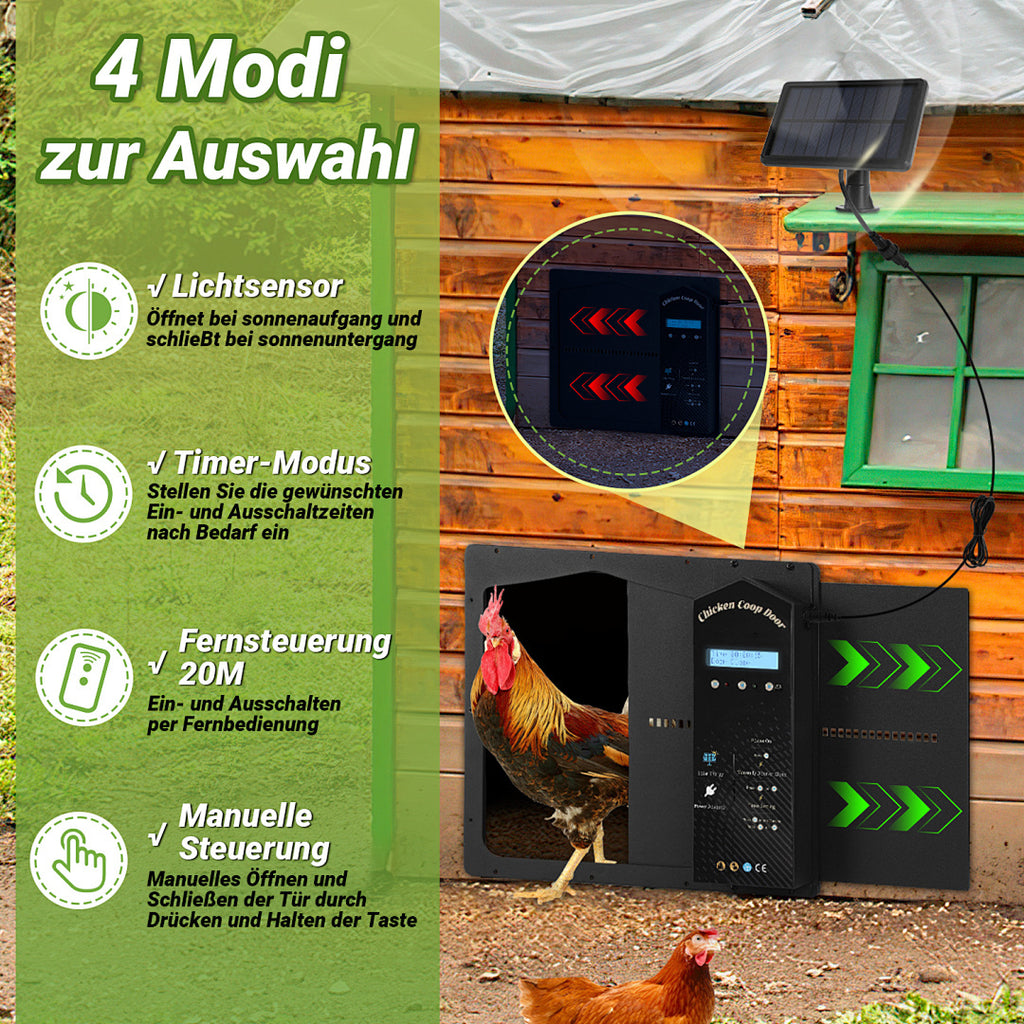 Elektrisches Solartor für Hühnerställe – Automatisches Hühnerstalltore mit Lichtsensor – LCD-Display – Zeitschaltuhr – Fernbedienung – Intelligente Schutzfunktion