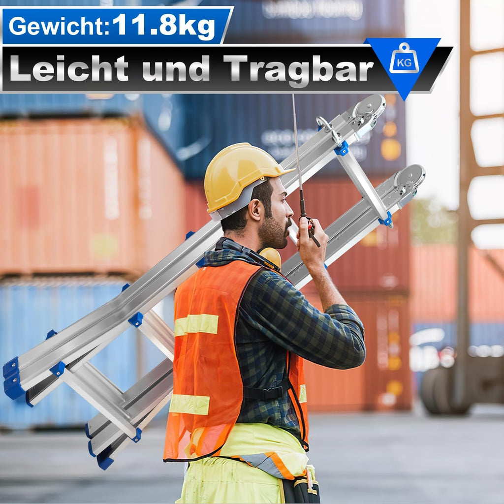 Aluminium multi-purpose ladder, 4-in-1 folding ladder, load capacity 150 kg, step ladder, extension ladder, double-sided ladder and stair ladder, telescopic ladder