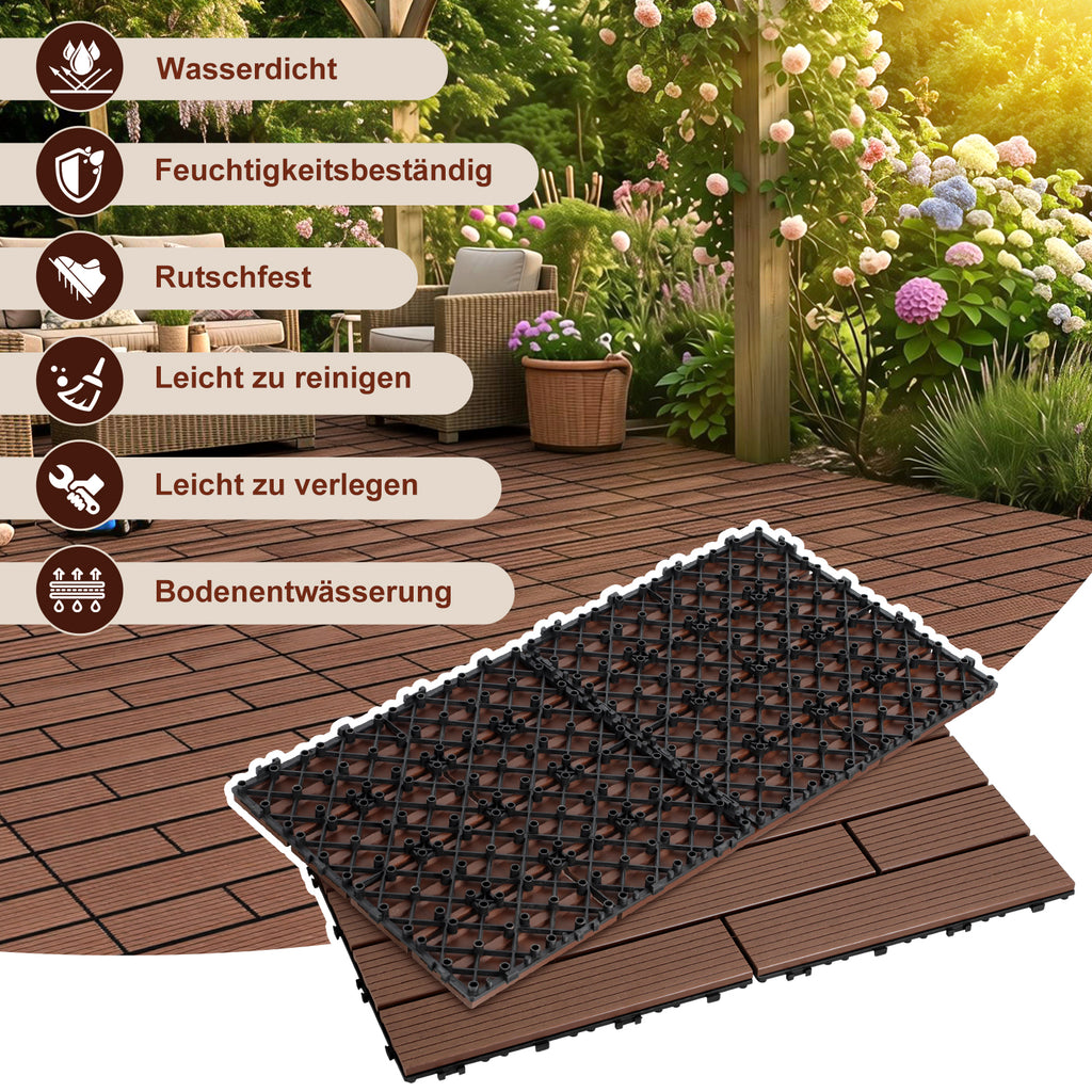 30 x 60 cm WPC-Terrassenfliesen , Klick-Verlegesystem, Teakholzfarben/Rotbraun/Dunkelgrau, 1–5 m² | WPC-Fliesen, Balkonfliesen, witterungsbeständige Platten mit Entwässerungsfunktion, einfache Verlegung, geeignet für Terrassen, Balkone und Gärten