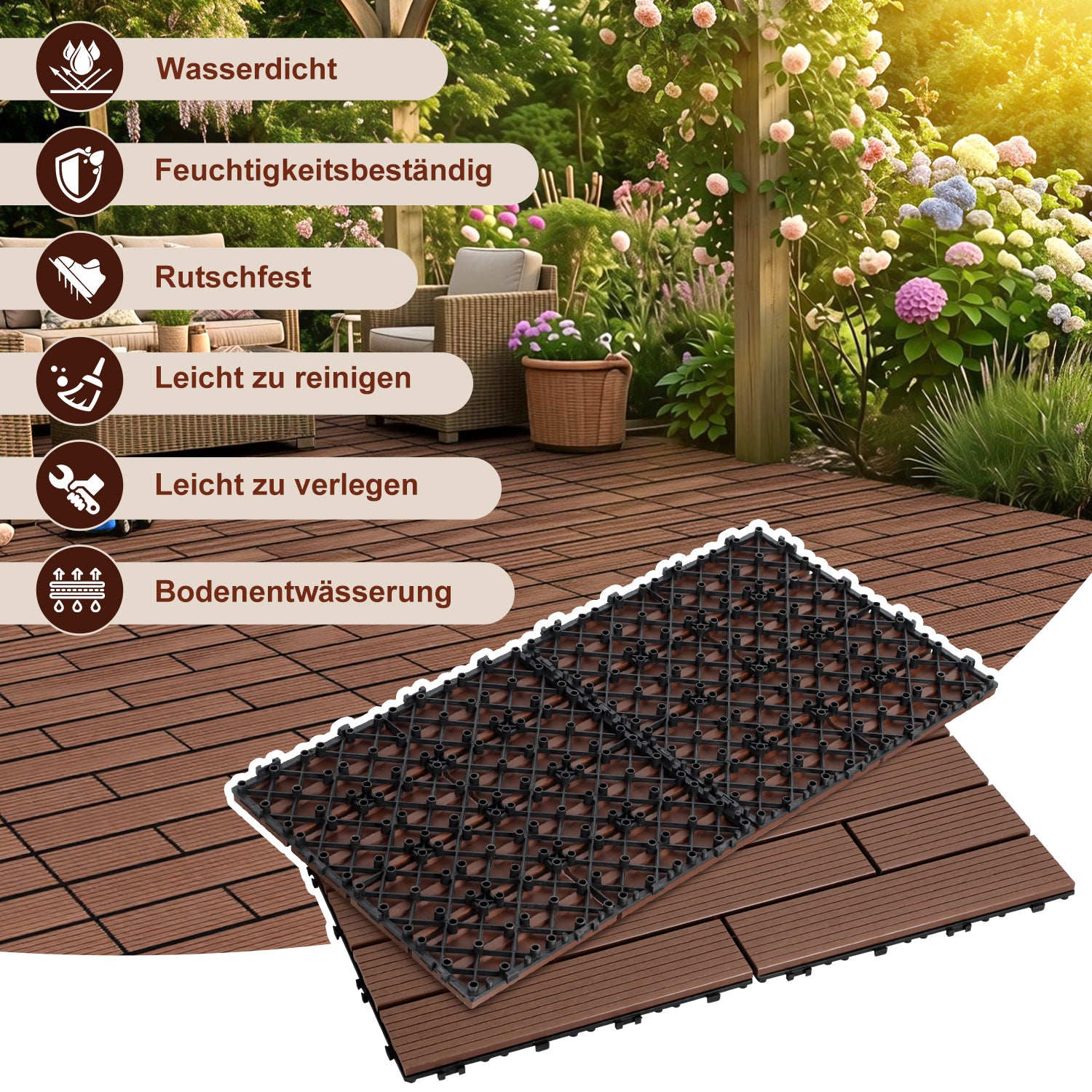 30 x 60 cm WPC-Terrassenfliesen , Klick-Verlegesystem, Teakholzfarben/Rotbraun/Dunkelgrau, 1–5 m² | WPC-Fliesen, Balkonfliesen, witterungsbeständige Platten mit Entwässerungsfunktion, einfache Verlegung, geeignet für Terrassen, Balkone und Gärten