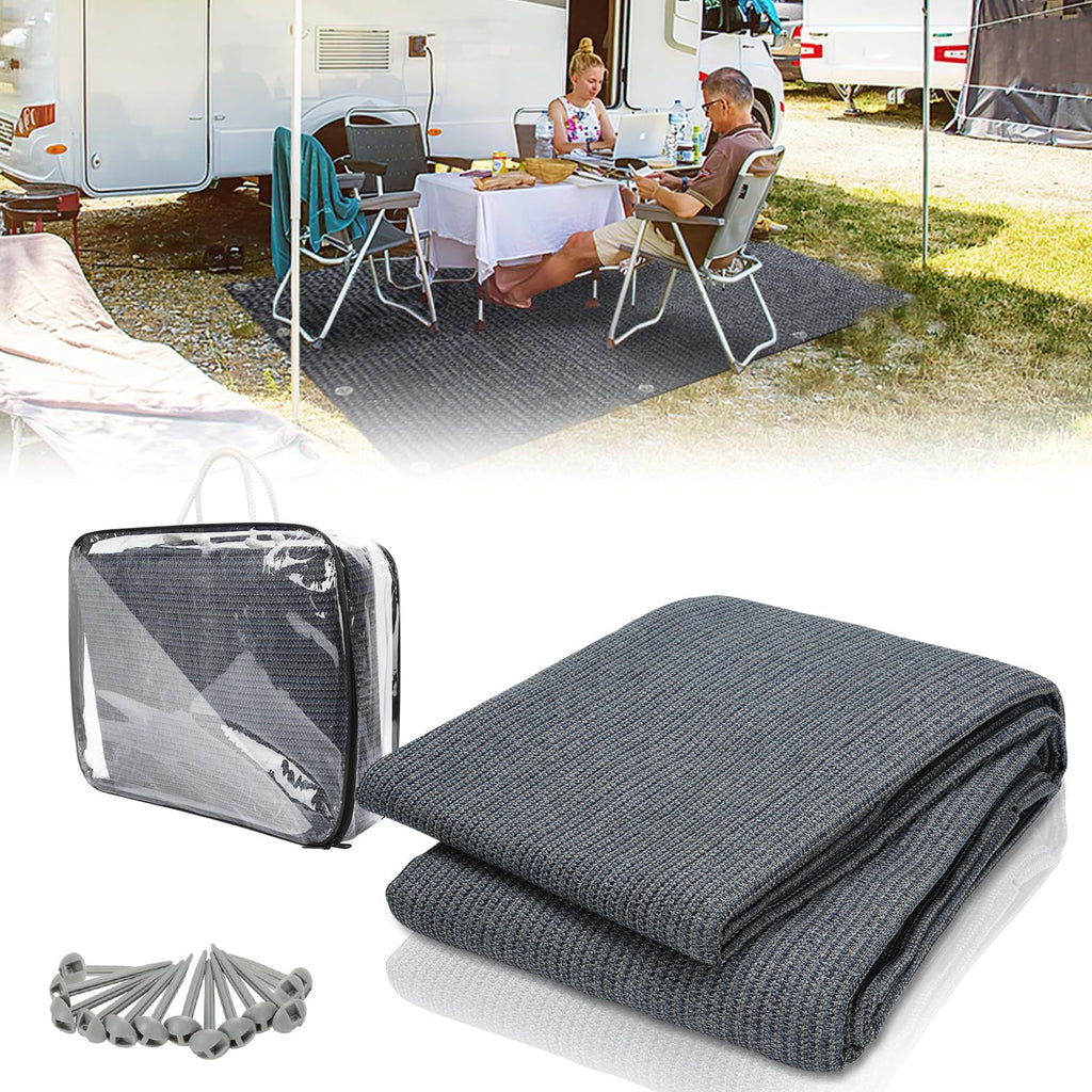 Vorzeltteppich Markisenteppich, Campingteppich atmungsaktiv rutschfest,Waschbare, Zeltteppich mit 12 Löchern, 13 Heringe und Tragetasche,Vorzeltboden Verschiedene Größen(Grau Blau)