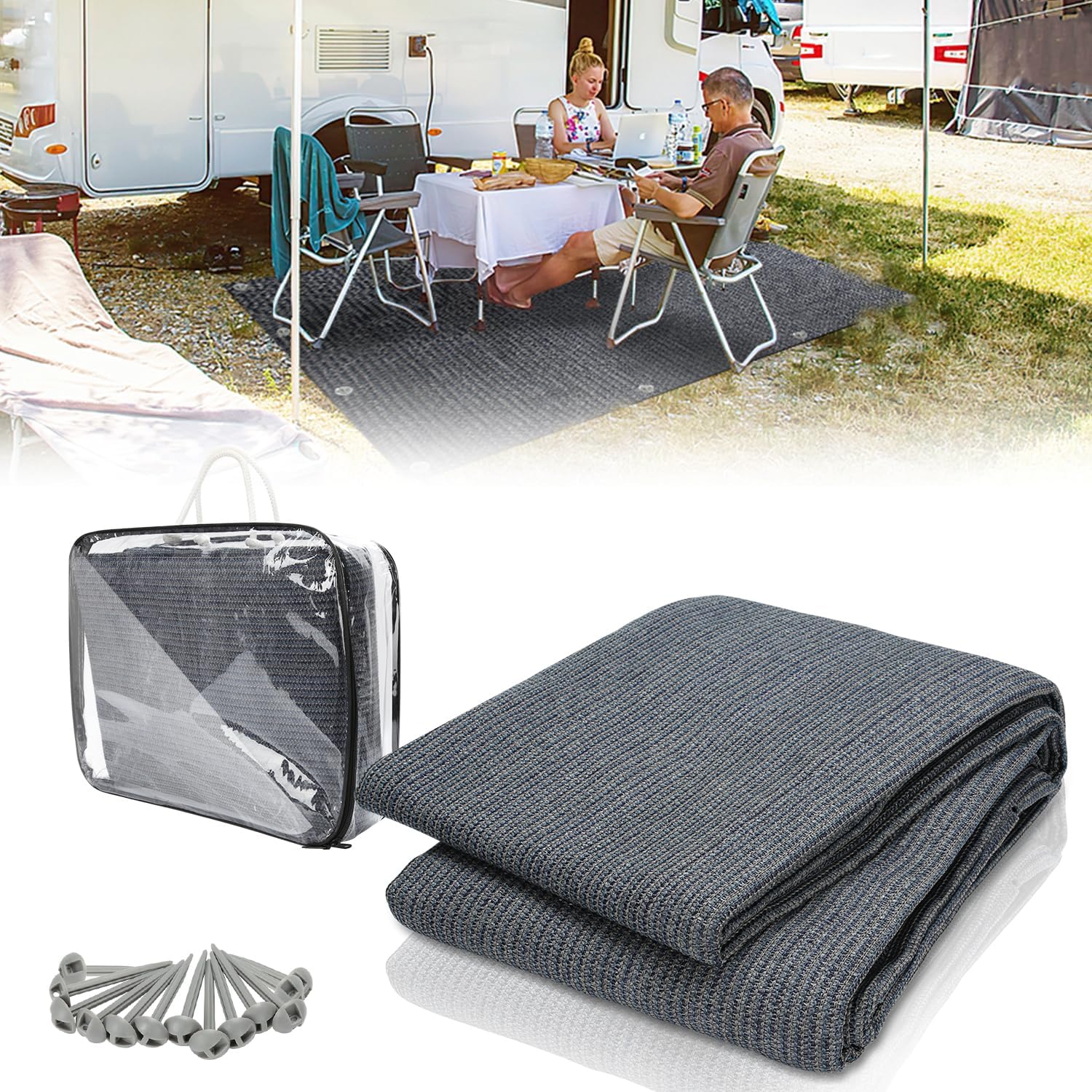 Vorzeltteppich Markisenteppich, Campingteppich atmungsaktiv rutschfest,Waschbare, Zeltteppich mit 12 Löchern, 13 Heringe und Tragetasche,Vorzeltboden Verschiedene Größen(Grau Blau)
