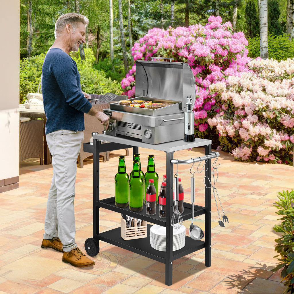 Grillbeistelltisch | Outdoor-Grilltisch mit Verstellbarer Ablage, Gewürzregal und 6X Haken, mobiler Grillwagen mit 2 Rollen, Küchenwagen für Grill und Pizza, 84x67x41cm