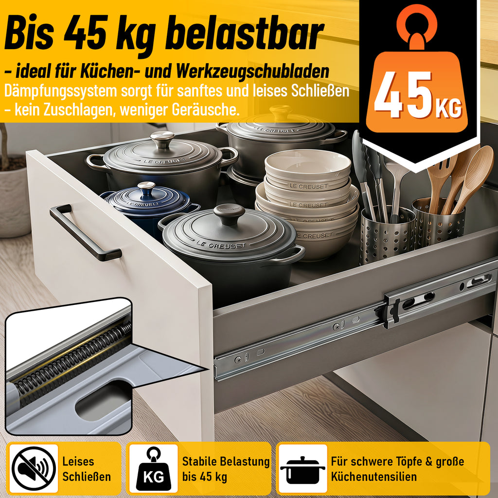 Vollauszug-Schubladenführungen mit automatischer Rückstellfunktion, Kugellagerführung, aus verzinktem Stahl; Schubladenführungen mit einer Tragkraft von bis zu 45 kg pro Paar, in verschiedenen Größen erhältlich.