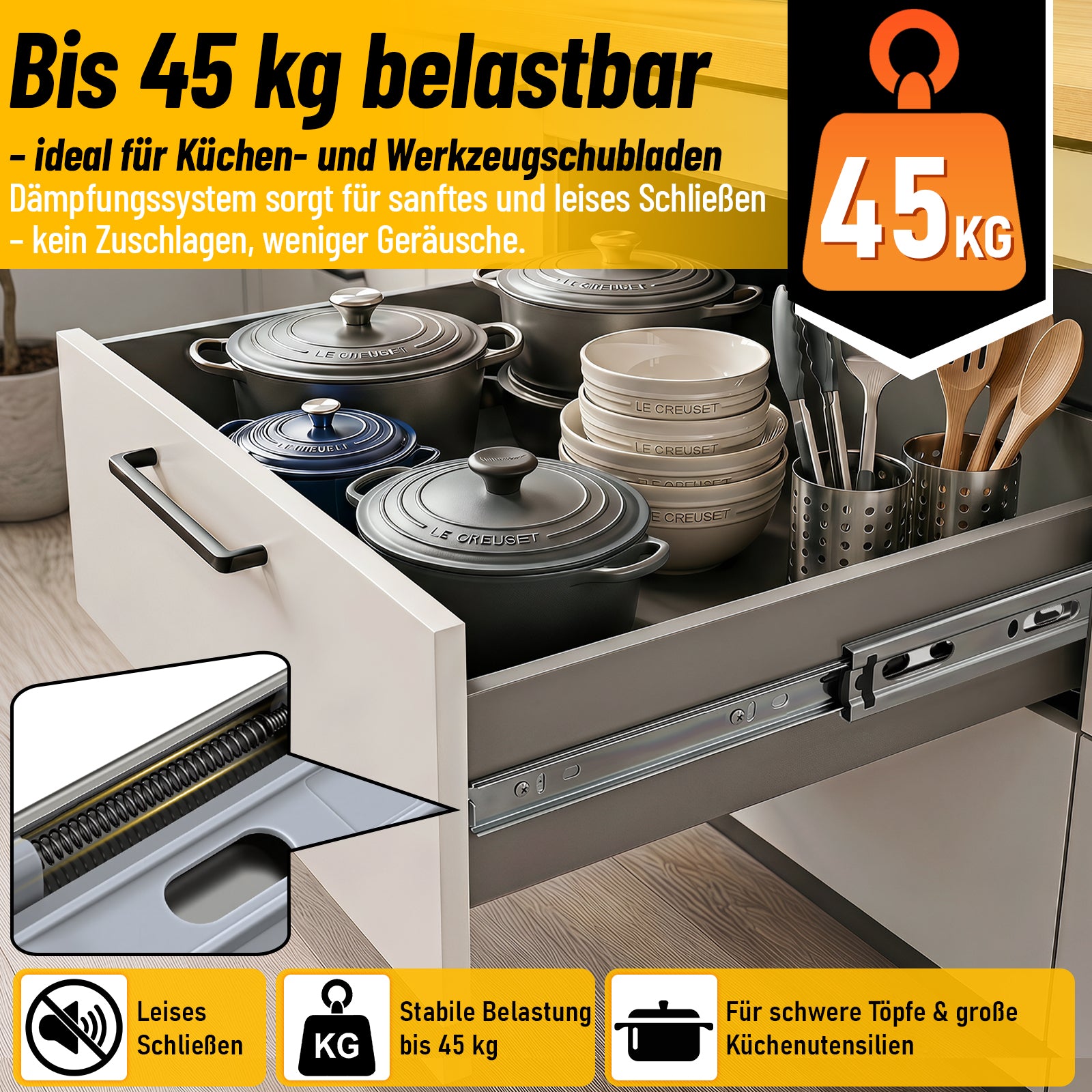 Vollauszug-Schubladenführungen mit automatischer Rückstellfunktion, Kugellagerführung, aus verzinktem Stahl; Schubladenführungen mit einer Tragkraft von bis zu 45 kg pro Paar, in verschiedenen Größen erhältlich.