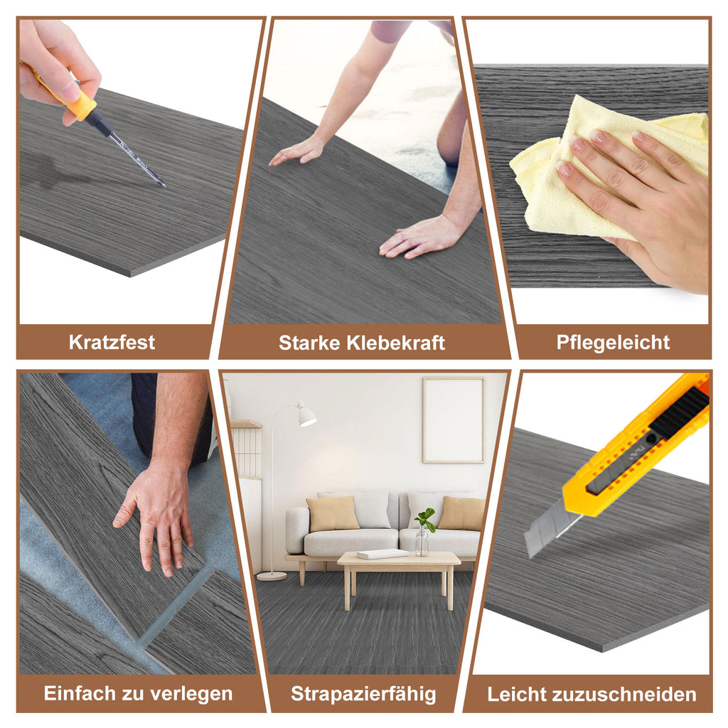 PVC-Bodenbelag, selbstklebende Vinylfliesen, Vinylboden, 91,44 cm × 15,24 cm – Stärke 2 mm, rutschfeste Vinyl-Verbundbodenstreifen, geeignet für Schlafzimmer und Wohnzimmer, 18 Stück = 2,5 m², in drei Farben erhältlich