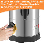 Glühweinkocher 10L, 1500W Glühweinkocher mit Zapfhahn Thermostat,Glühweintopf Edelstahl mit Wasserstandsanzeige, Einstellbare Temperatur von 30-110°C,Heißgetränkeautomat 10x Becher,Silber