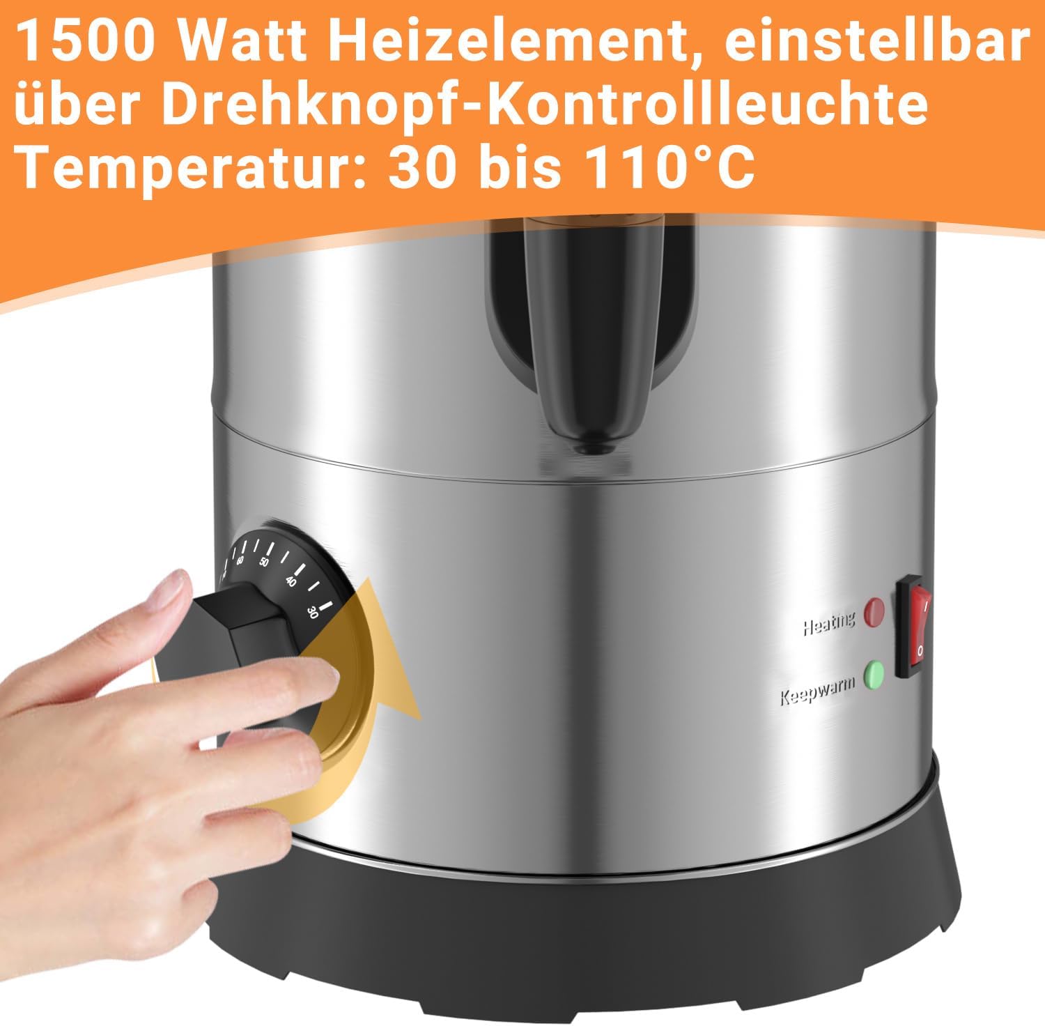 Glühweinkocher 10L, 1500W Glühweinkocher mit Zapfhahn Thermostat,Glühweintopf Edelstahl mit Wasserstandsanzeige, Einstellbare Temperatur von 30-110°C,Heißgetränkeautomat 10x Becher,Silber