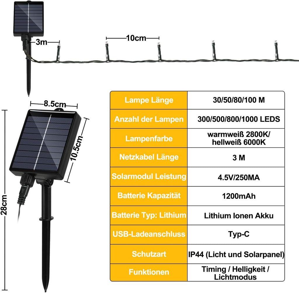 30/50/80/100 Meter lange Solar-Lichterkette für den Außenbereich, 300/500/800/1000 LED-Lämpchen, warmweißes Licht, USB-Aufladung und Solarstromversorgung, 8 Beleuchtungsmodi und Timer-Funktion, Schutzklasse IP44