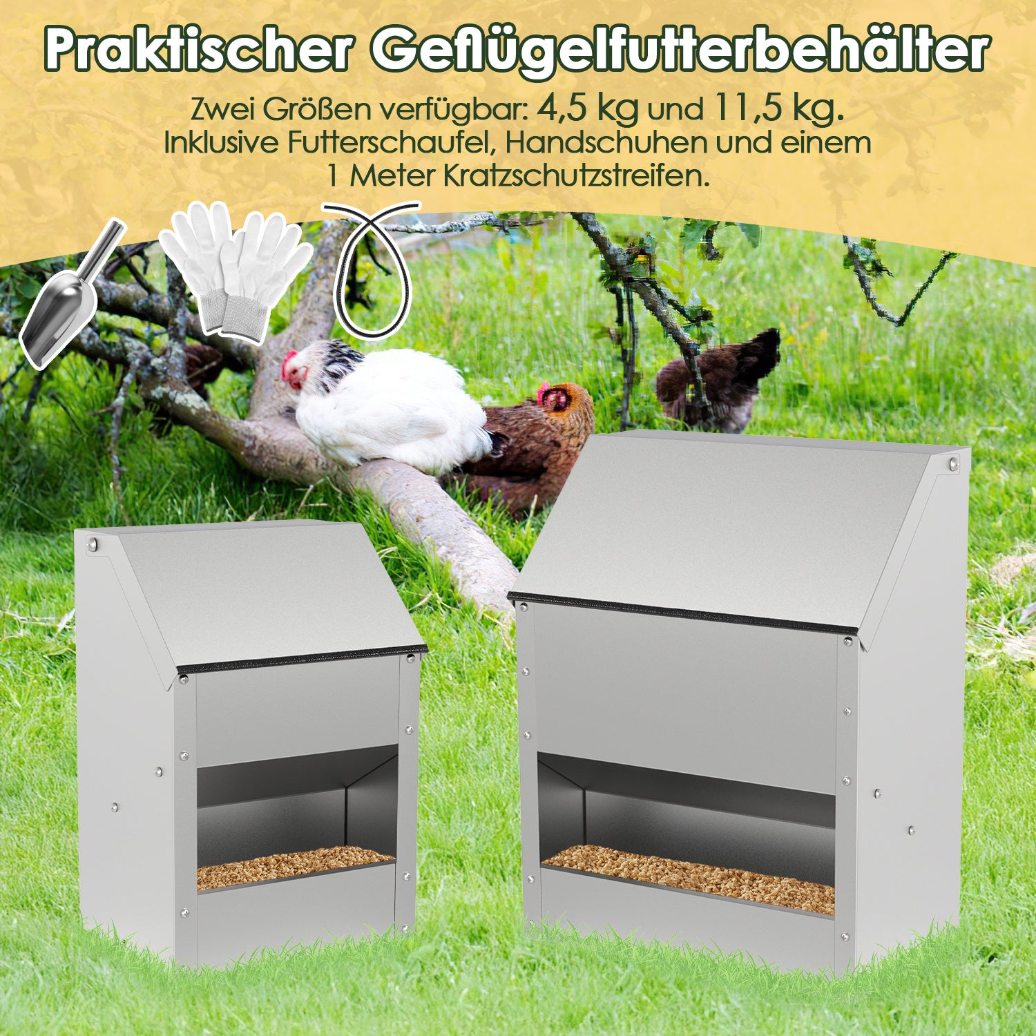 Verzinkter Stahl-Hühnerfuttertrog mit Deckel und Wandhalterung, geeignet als Futtertrog für Hühner, Enten und anderes Geflügel, inklusive Handschuhen, Futterschaufel und Pickschutzleiste