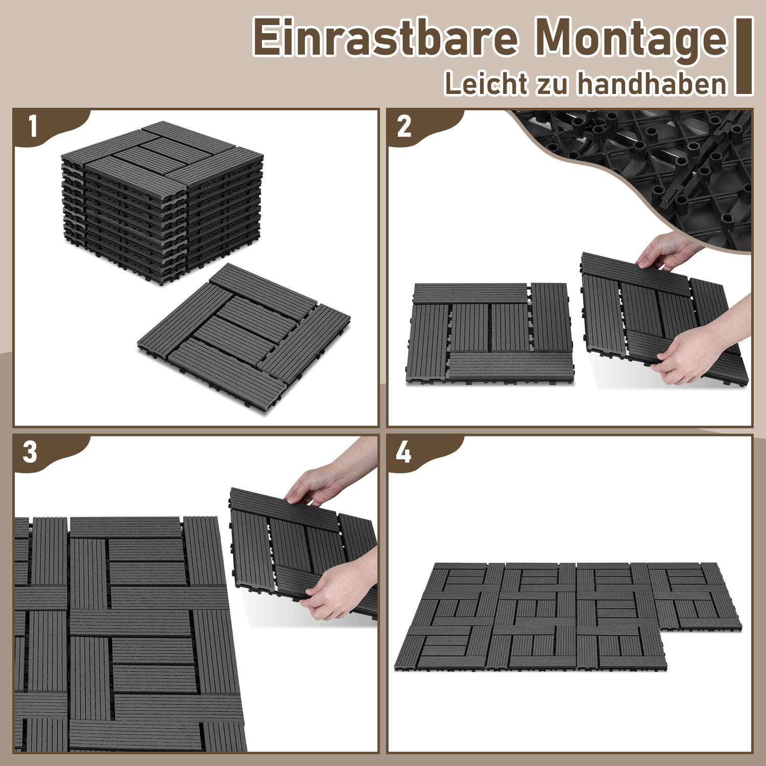 WPC-Terrassenfliesen 1 m²–5 m² – Außenfliesen, Bodenbelag, Klickfliesen, Terrasse, zum Selberverlegen, in vielen verschiedenen Designs und Farben erhältlich