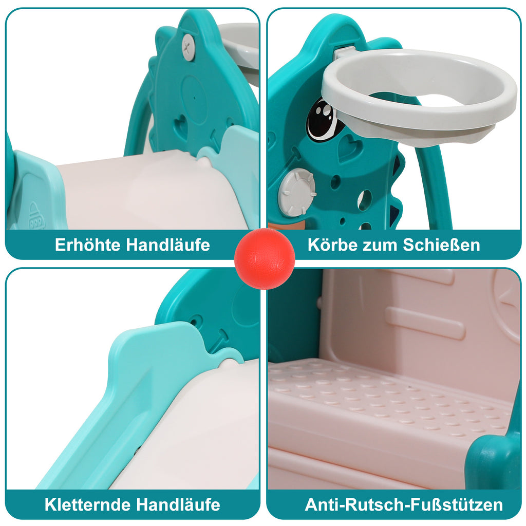 Kinderrutsche, zusammenklappbare Kinderrutsche, stabile Gartenrutsche mit Basketballkorb und Handläufen, lustige Kinderrutsche, für drinnen und draußen geeignete Kleinkindrutsche, grün