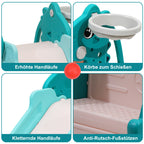 Kinderrutsche, zusammenklappbare Kinderrutsche, stabile Gartenrutsche mit Basketballkorb und Handläufen, lustige Kinderrutsche, für drinnen und draußen geeignete Kleinkindrutsche, grün