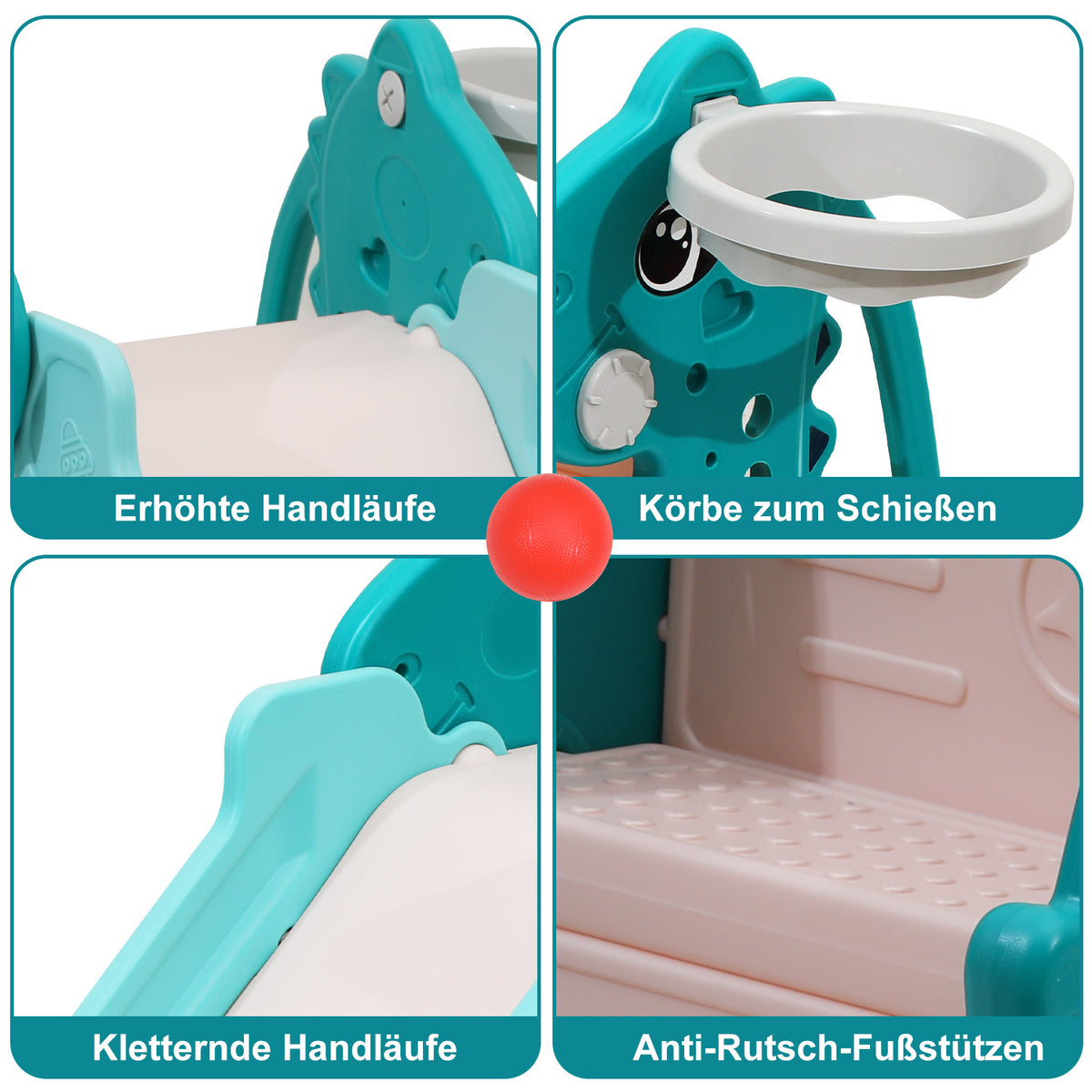 Kinderrutsche, zusammenklappbare Kinderrutsche, stabile Gartenrutsche mit Basketballkorb und Handläufen, lustige Kinderrutsche, für drinnen und draußen geeignete Kleinkindrutsche, grün