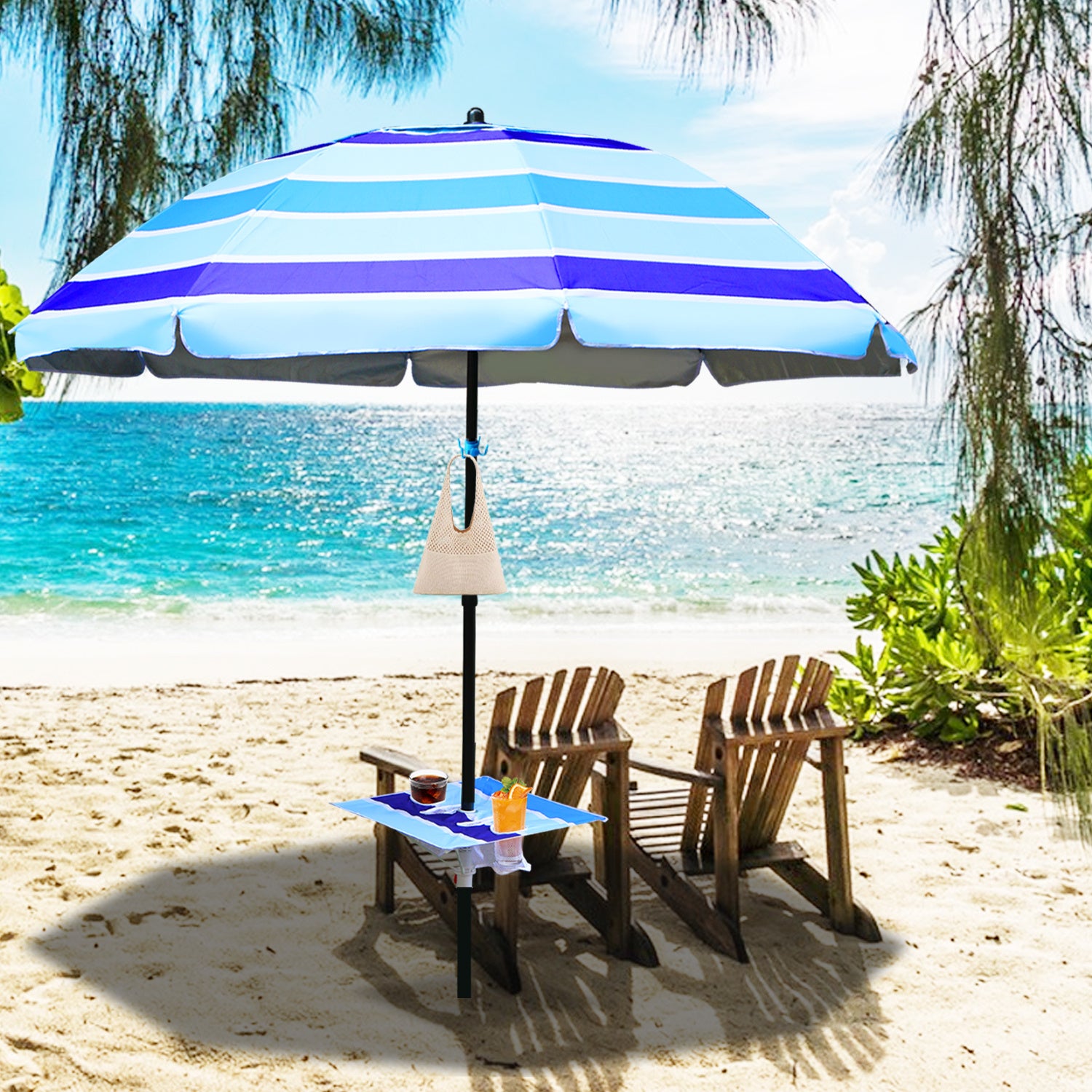 Strandschirm, Durchmesser 213 cm, Sonnenschutzfaktor UV50+, mit Tisch, Haken und Tragetasche, Neigungswinkel und Höhe verstellbar, windfest, langlebig, lichtbeständig, blaue Streifen