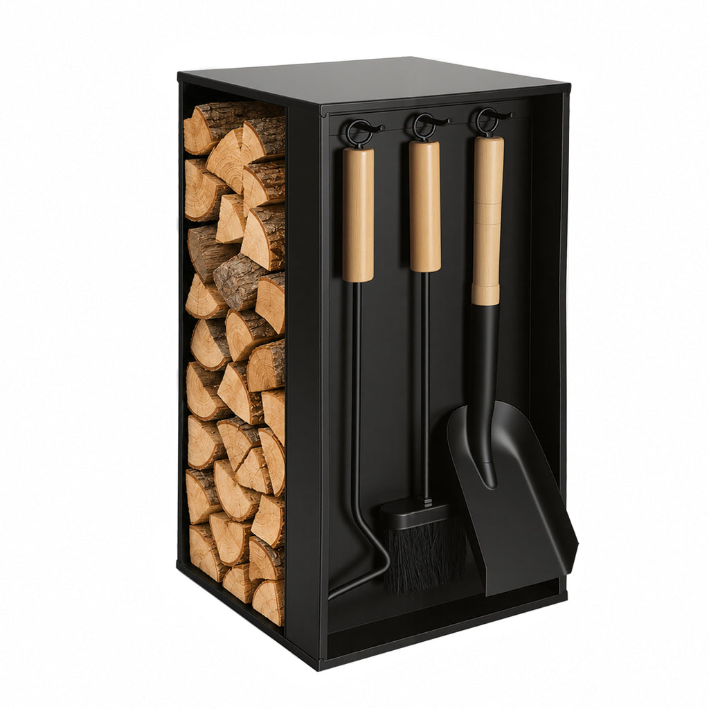 Kaminbesteck- und Holzregal-Set | 54 × 29 × 29 cm, schwarzes Metallgestell, inklusive Schaufel, Besen und Haken (ca. 48 cm) | Integrierte Aufbewahrung von Brennholz und Kaminbesteck, rutschfeste Unterlage zum Schutz des Fußbodens