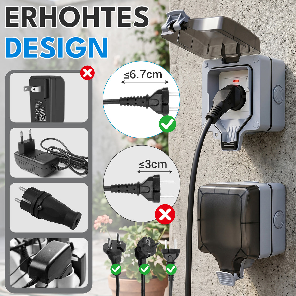IP65 Wasserdichte Außensteckdose Outdoor mit Schalter, Schutzkontakt, 16A 250V, 1-Fach, Aufputz für Garten & Feuchtraum