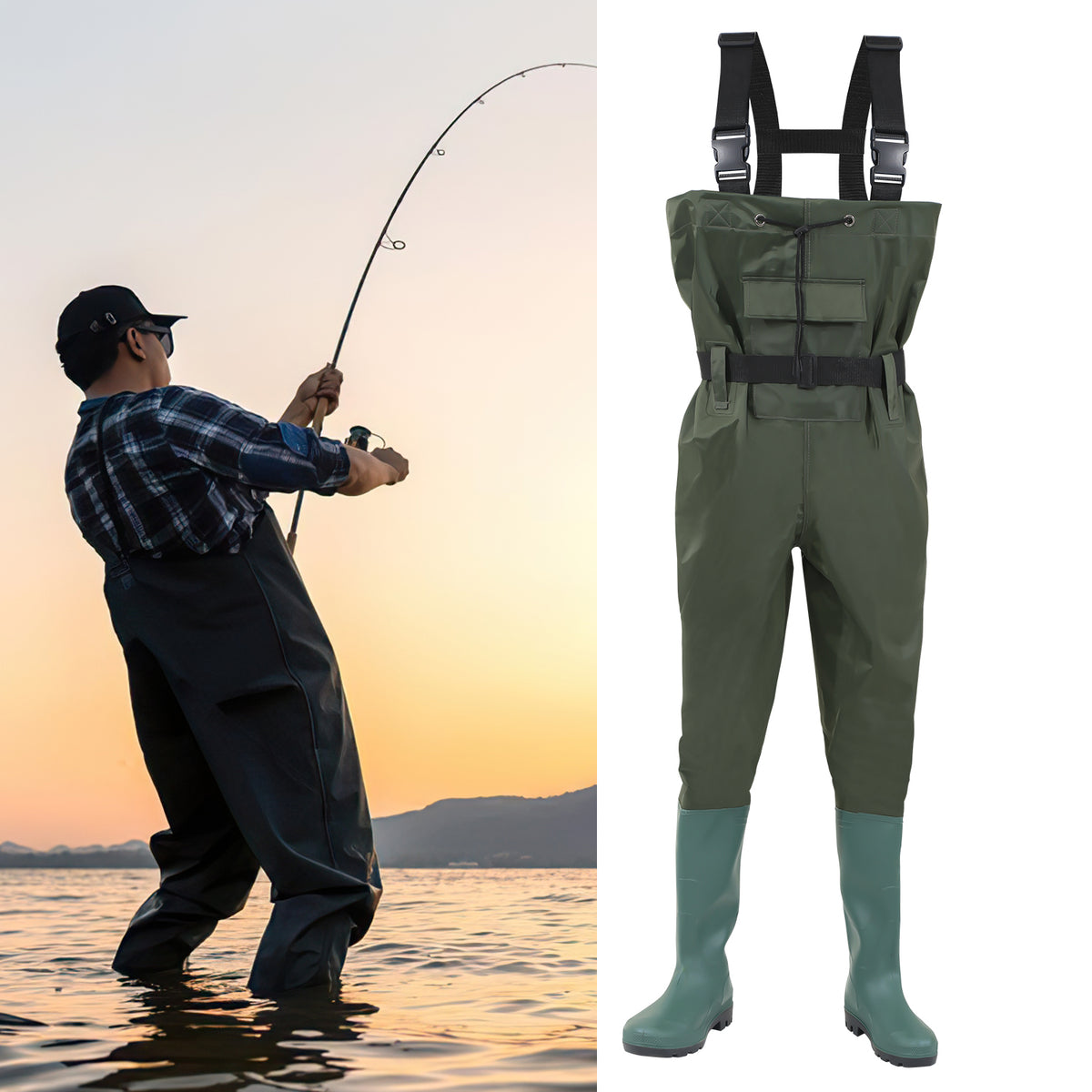 Wathose Herren Größen 42-47, Anglerhose 70D Nylon mit Stiefel, PVC Watthosen Wasserdichtl mit Haken, Angelhose mit Verstellbarer Schultergurt, Fischerhose für Baustellen, Gärten