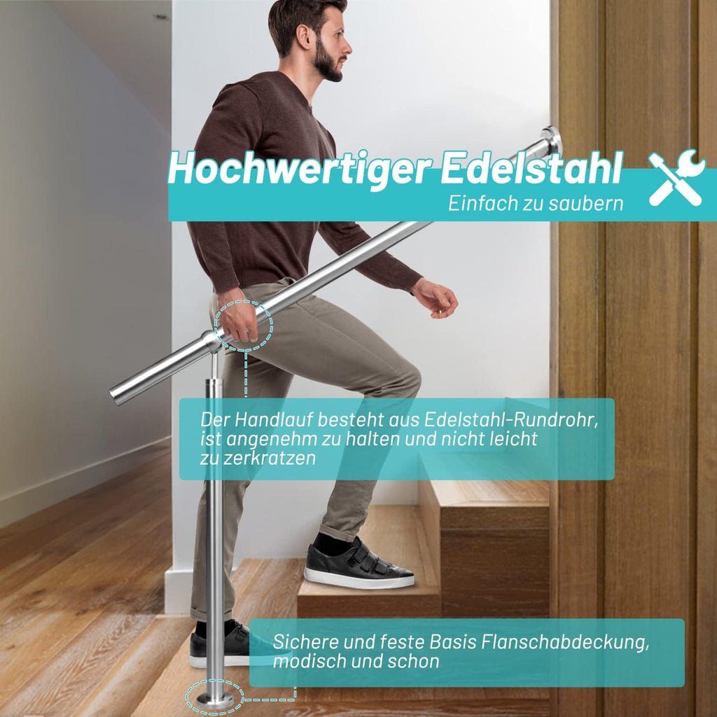 Eingangsgeländer Edelstahl Handlauf Treppengeländer Geländer Seitliche Montage Winkel Einstellbar Wandhandlauf, inkl.Montagematerial, Pflegeleicht Innen Außen Handlauf