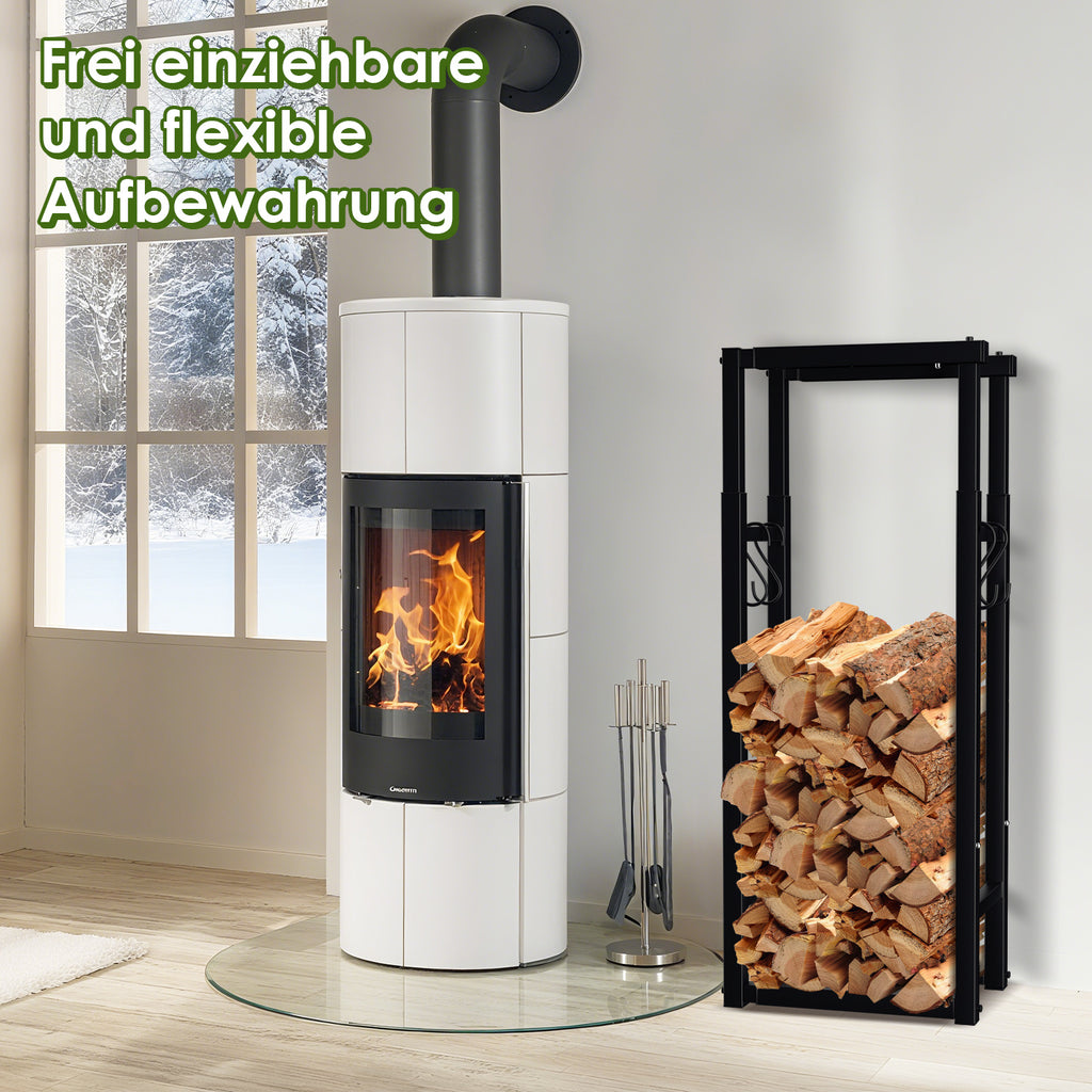 Verstellbares Kaminholzregal, in 9 Größen verstellbar, Kaminholzregal mit 4 Haken, Kaminholzhalterung, Kaminholzregal zur Aufbewahrung von Kaminholz, Stapelhilfe, für den Innen- und Außenbereich geeignet