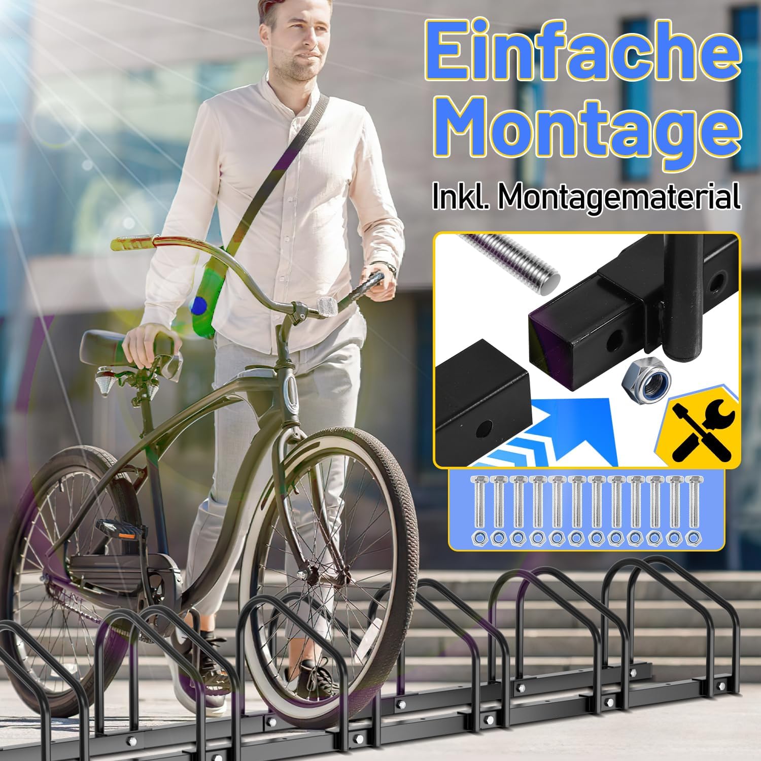 Fahrradständer für 2/3/4/5/6 Fahrräder, bodenmontierter Fahrradständer, Radabstand 30 cm, geeignet für Reifenbreiten von 35–55 mm, für die Montage am Boden oder an der Wand geeignet, schwarz
