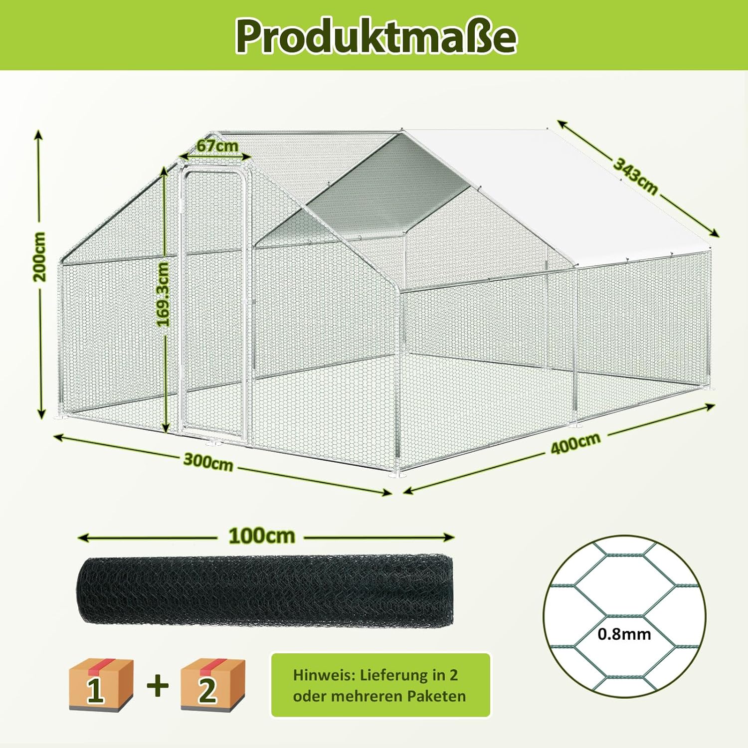 3 × 4 × 2 Meter großer Hühnerstall für den Außenbereich – Geflügelstall aus verzinktem Stahl mit Kuppeldach, geeignet für Hühner, Kaninchen, Gänse, Tauben und Wachteln, mit Metallzaun mit Maschen