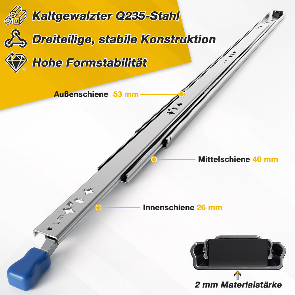 1 Paar Hochleistungs-Schubladenführungen mit Arretierung | Breite 53 mm, Tragkraft 78–120 kg, Vollauszug mit Kugellagern, inklusive Befestigungsschrauben, geeignet für Schränke, Werkstätten, Wohnmobile und industrielle Anwendungen, 300–1150 mm