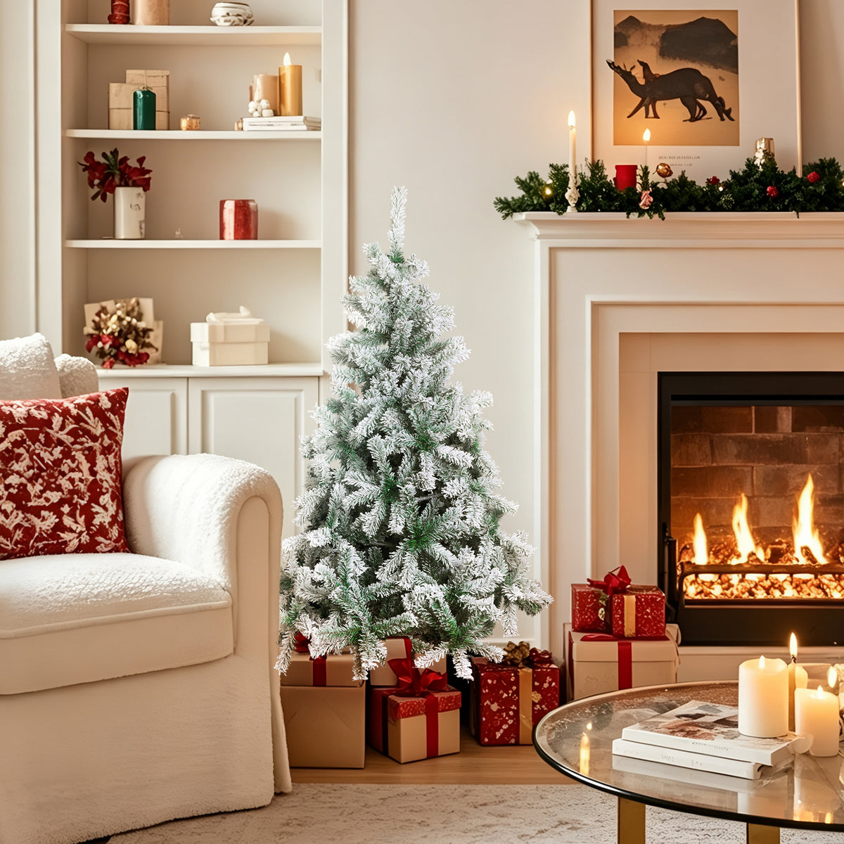Künstlicher Weihnachtsbaum in den Größen 120/150/180/210 cm; 15 cm lange PVC-Zweige; künstliche Kiefer mit Schneelandschaft; inklusive Ständer, einfach aufzubauen, zerlegbar und verstaubar