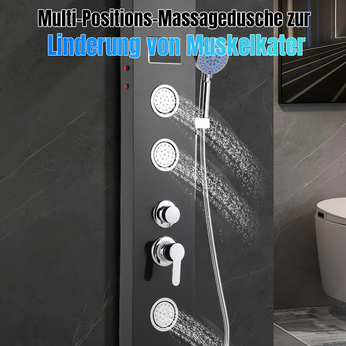 Duschpaneel mit Wasserhahn, 5 Funktionen, Edelstahl-Duschpaneel mit LED-Temperaturanzeige, Regen- und Wasserfall-Duschköpfe, Handbrause, Massagedusche und Duschstange