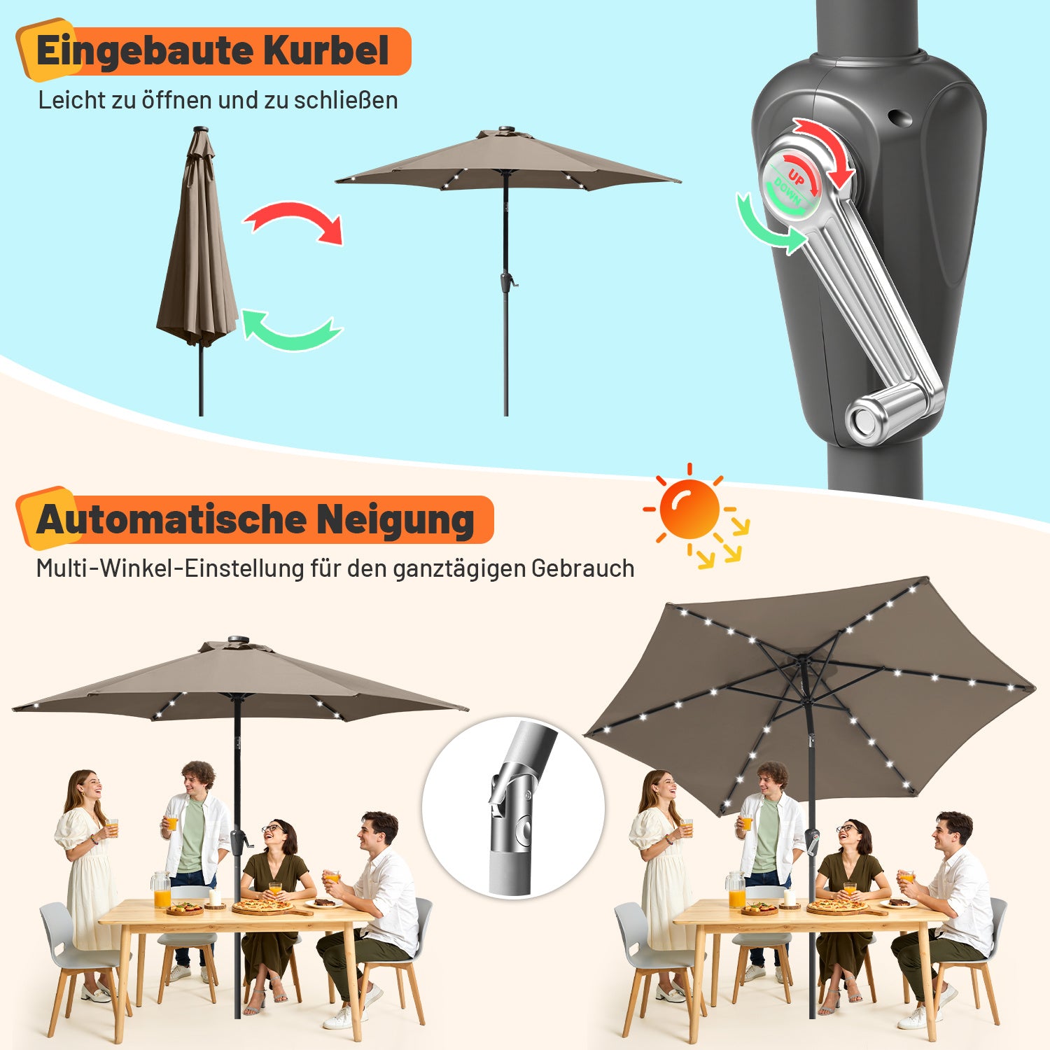 Sonnenschirm 270cm Anthrazit Solar LED Gartenschirm knickbar & ohne Ständer,Terassenschirm Neigungswinkel Sonnenschirme Großschirm für Balkon,Terrasse,Rundschirm mit kurbel, In fünf Farben erhältlich