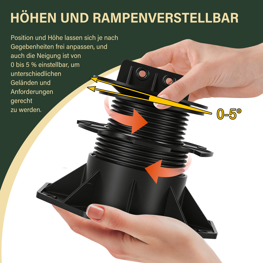 70–145 mm – Hochfüßige Stützen für Terrassenfliesen, höhenverstellbar – Plattenförmige Stützunterlagen – geeignet für Holz-, WPC- und Steinuntergründe von Terrassenfliesen
