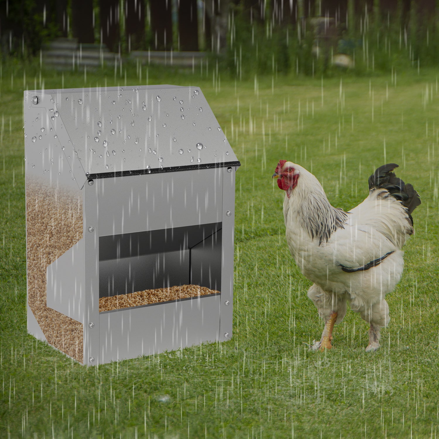 Verzinkter Stahl-Hühnerfuttertrog mit Deckel und Wandhalterung, geeignet als Futtertrog für Hühner, Enten und anderes Geflügel, inklusive Handschuhen, Futterschaufel und Pickschutzleiste