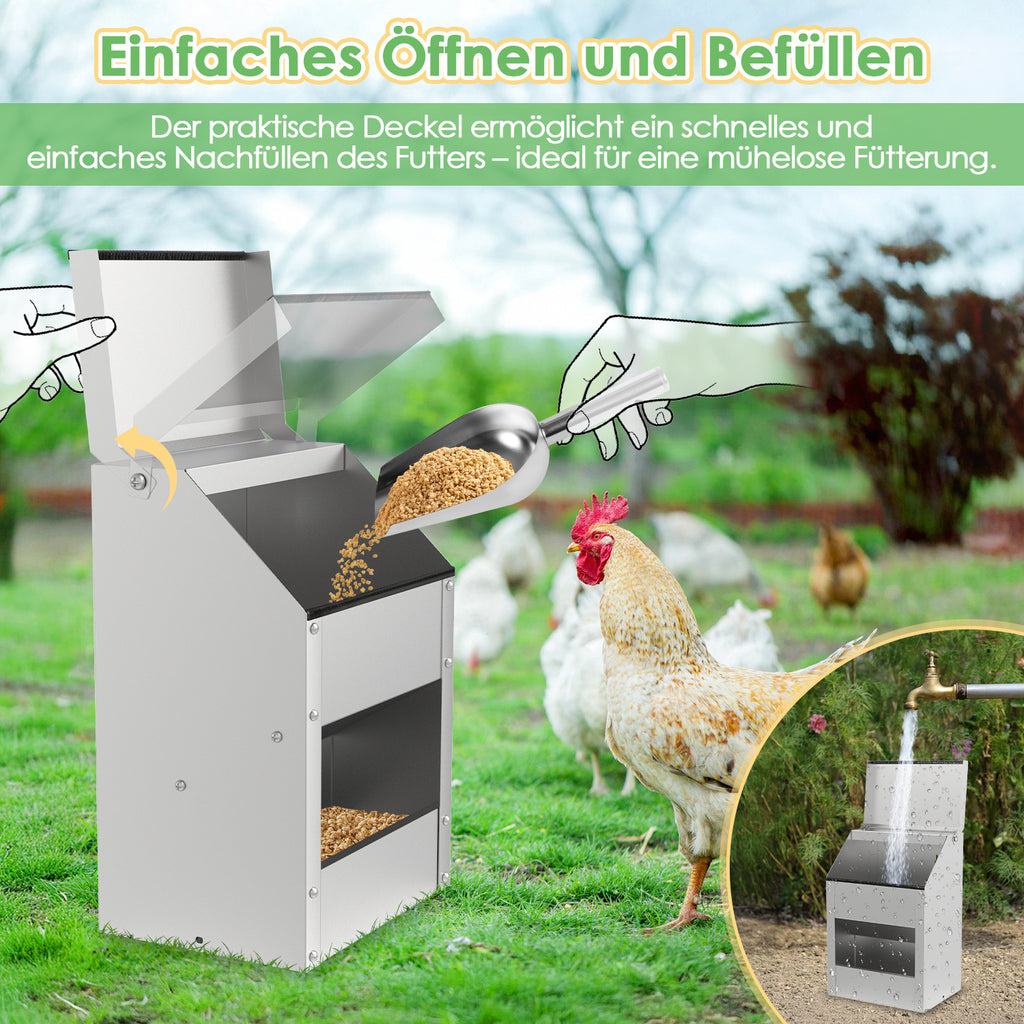 Verzinkter Stahl-Hühnerfuttertrog mit Deckel und Wandhalterung, geeignet als Futtertrog für Hühner, Enten und anderes Geflügel, inklusive Handschuhen, Futterschaufel und Pickschutzleiste