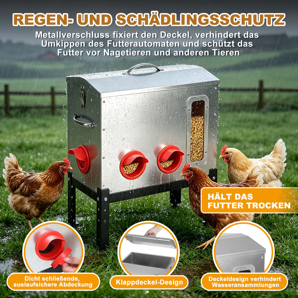 Automatischer Hühnerfutterbehälter mit 18 kg Fassungsvermögen, 6 Futterauslässen, aus verzinktem Metall