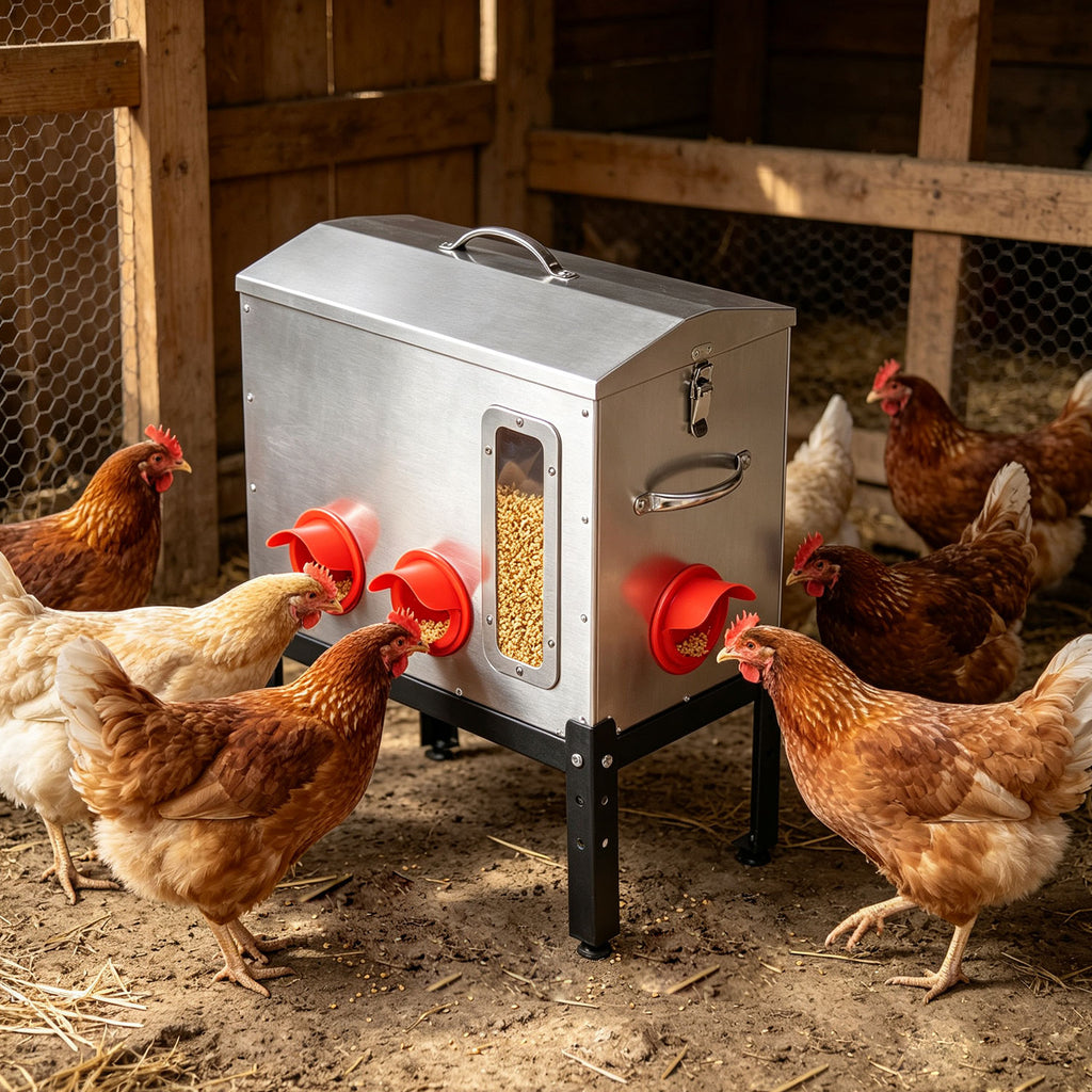 Automatischer Hühnerfutterbehälter mit 18 kg Fassungsvermögen, 6 Futterauslässen, aus verzinktem Metall