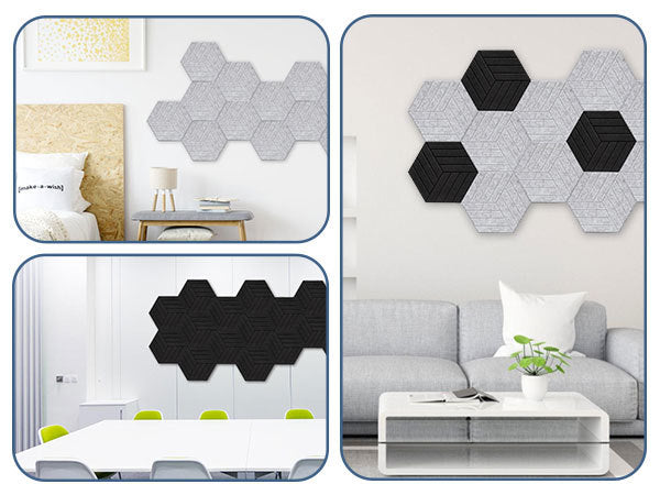 12–36 Stück sechseckige Akustikplatten, selbstklebend, schwarz/grau, aus hochdichtem Dämmmaterial, platzsparend, geeignet für Wandverkleidungen und Schalldämmung, ideal für Tonstudios und die Wohnraumgestaltung (30 x 26 x 0,9 cm)