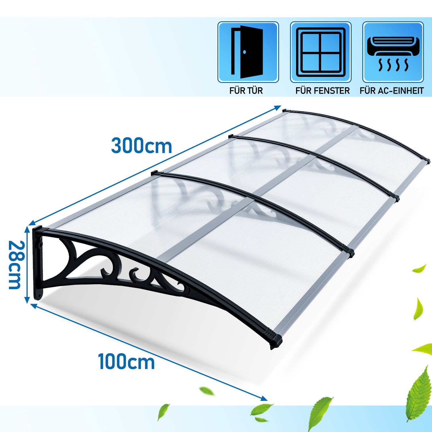 Vordach für Außentüren, transparente PC-Platten + schwarze Verstärkungsstreben, 6 mm dick, einseitig geneigtes, gewölbtes Vordach, schützt vor Sonne und Regen, vier Größen: 120 cm / 150 cm / 200 cm / 300 cm