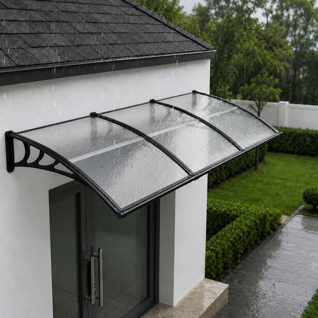 Vordach für Außentüren, mit vergrößerter Regenrinne, einseitig geneigtes, gewölbtes Vordach, schützt vor Sonne und Regen, vier Größen: 120 cm / 150 cm / 200 cm / 300 cm