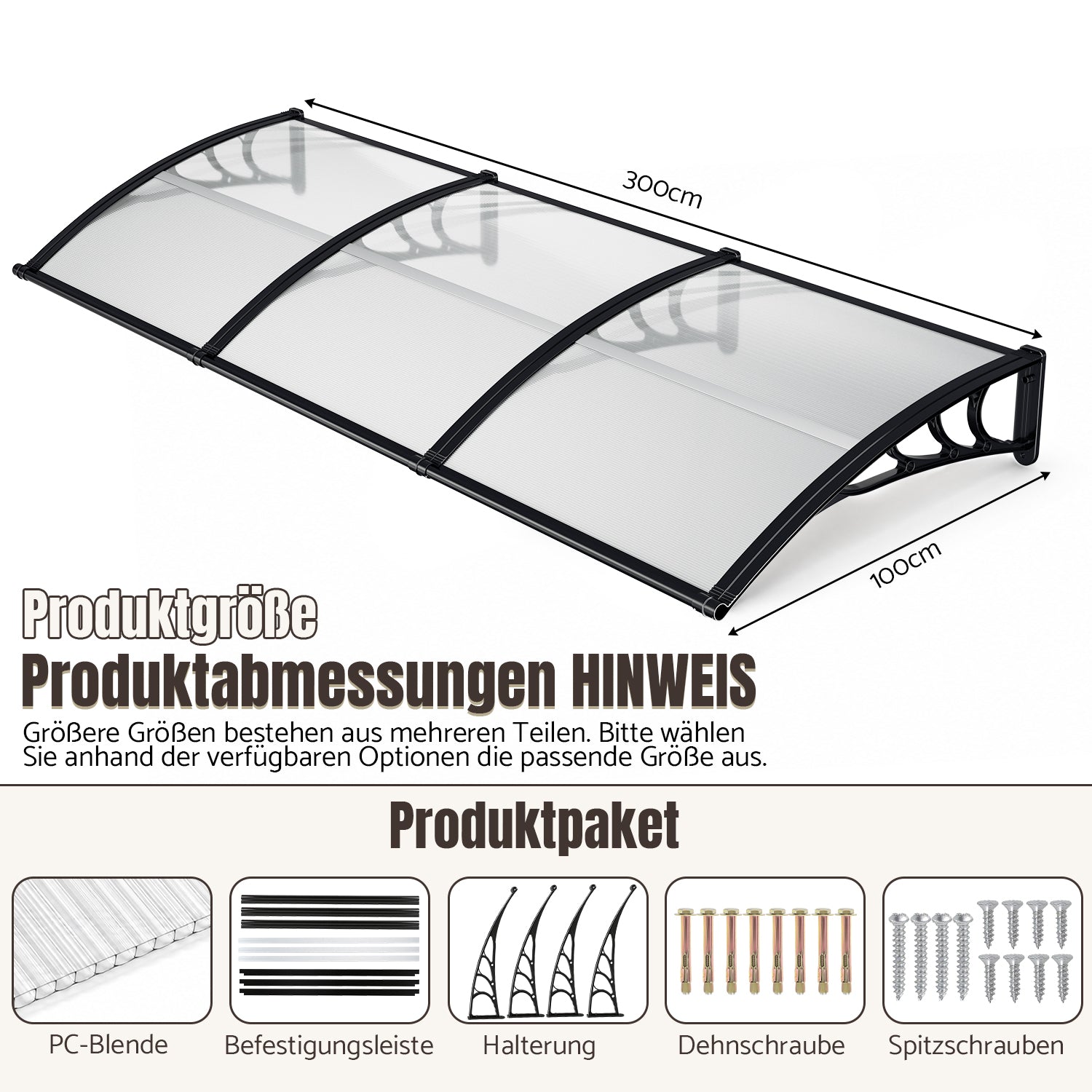 Vordach für Außentüren, mit vergrößerter Regenrinne, einseitig geneigtes, gewölbtes Vordach, schützt vor Sonne und Regen, vier Größen: 120 cm / 150 cm / 200 cm / 300 cm