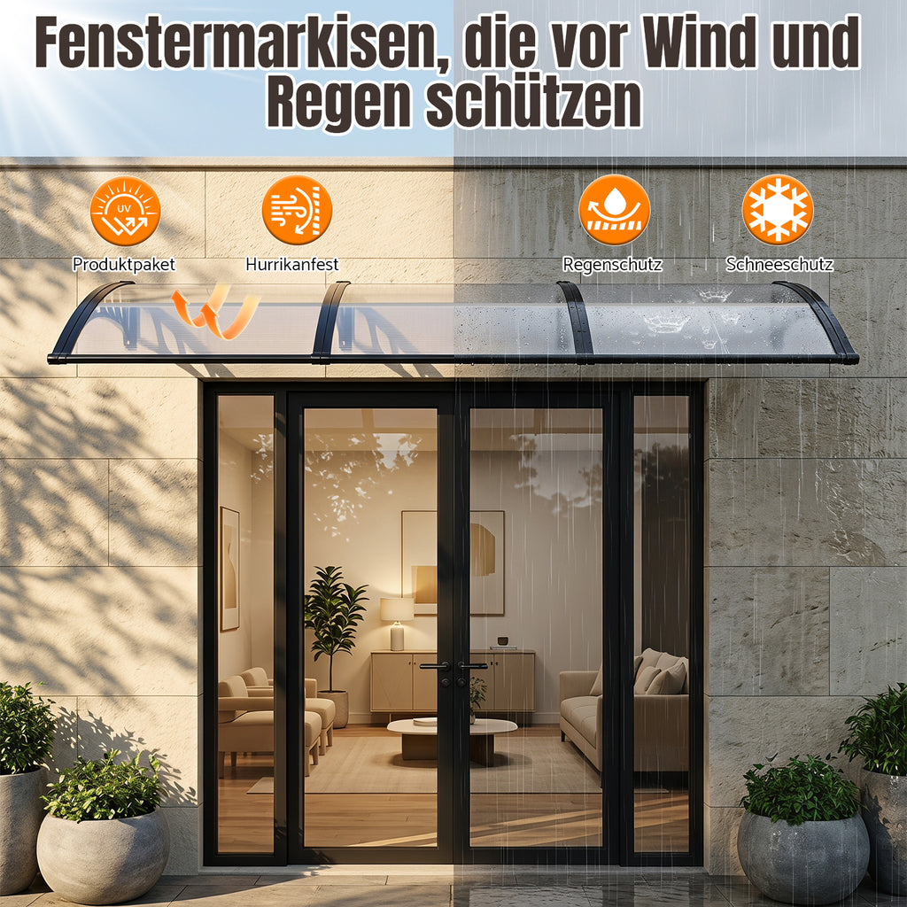 Vordach für Außentüren, mit vergrößerter Regenrinne, einseitig geneigtes, gewölbtes Vordach, schützt vor Sonne und Regen, vier Größen: 120 cm / 150 cm / 200 cm / 300 cm