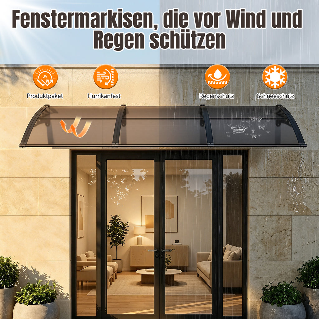 Vordach für Außentüren, halbtransparente, braune PC-Platten + schwarze Verstärkungsstreben, vergrößerte Regenrinne, einseitig geneigtes, gewölbtes Vordach, schützt vor Sonne und Regen, vier Größen: 120 cm / 150 cm / 200 cm / 300 cm