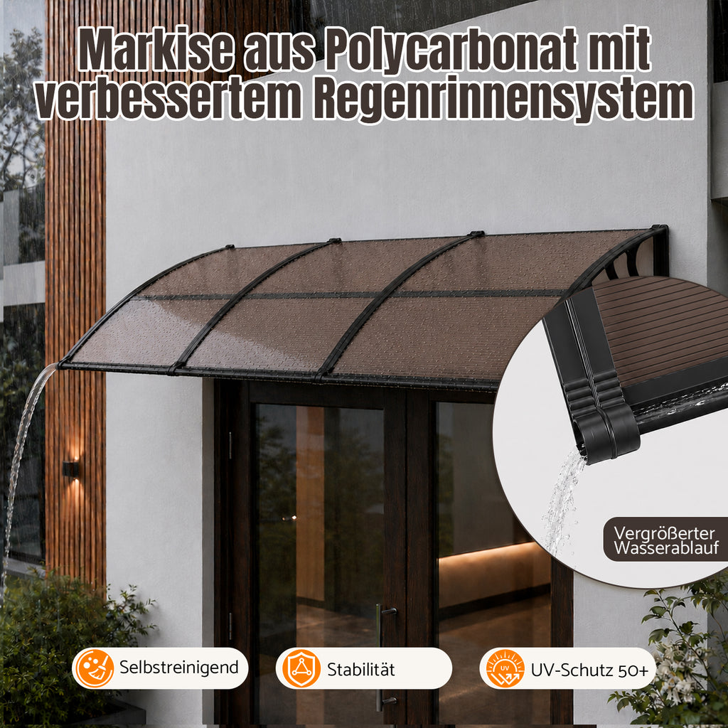 Vordach für Außentüren, halbtransparente, braune PC-Platten + schwarze Verstärkungsstreben, vergrößerte Regenrinne, einseitig geneigtes, gewölbtes Vordach, schützt vor Sonne und Regen, vier Größen: 120 cm / 150 cm / 200 cm / 300 cm