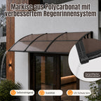 Vordach für Außentüren, halbtransparente, braune PC-Platten + schwarze Verstärkungsstreben, vergrößerte Regenrinne, einseitig geneigtes, gewölbtes Vordach, schützt vor Sonne und Regen, vier Größen: 120 cm / 150 cm / 200 cm / 300 cm