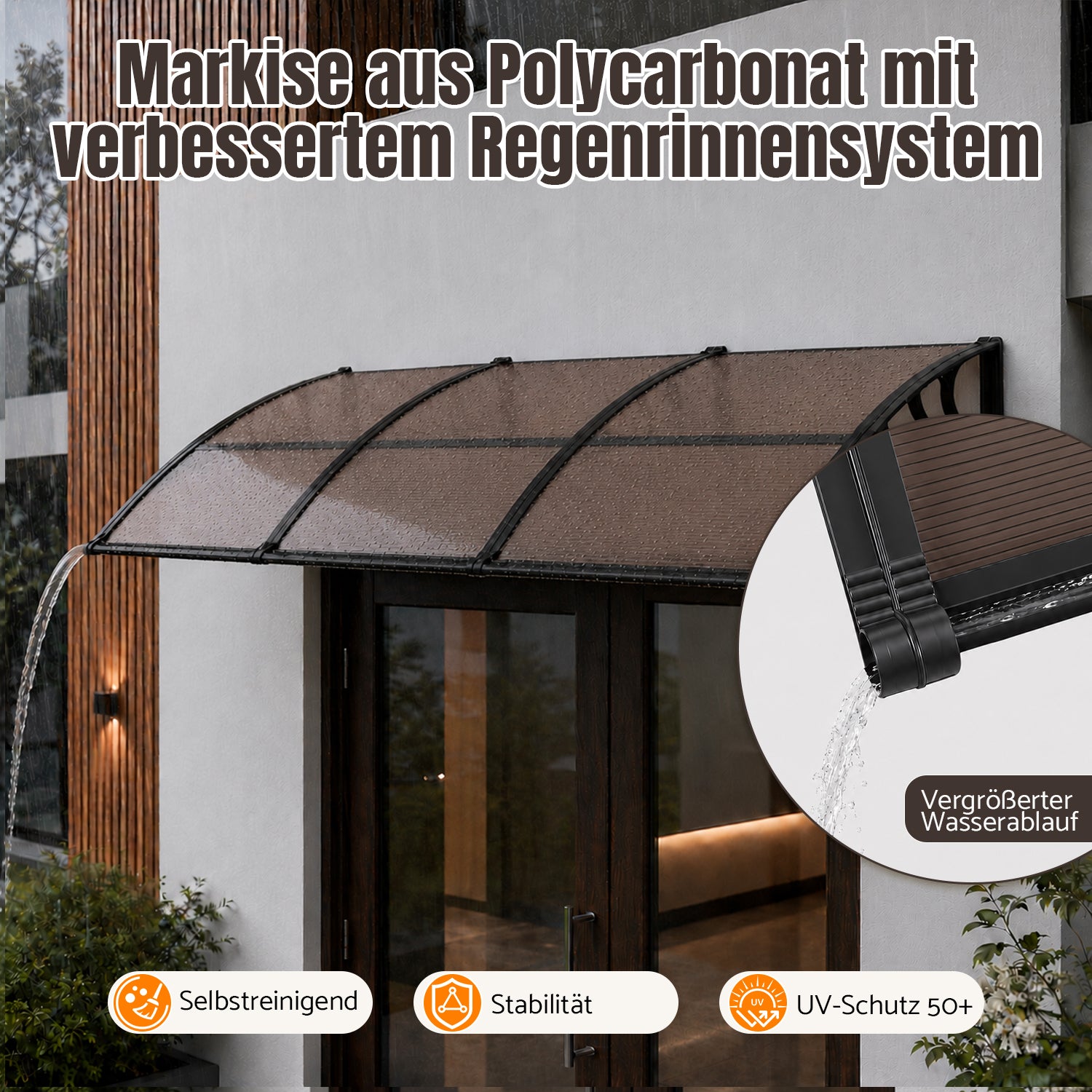 Vordach für Außentüren, halbtransparente, braune PC-Platten + schwarze Verstärkungsstreben, vergrößerte Regenrinne, einseitig geneigtes, gewölbtes Vordach, schützt vor Sonne und Regen, vier Größen: 120 cm / 150 cm / 200 cm / 300 cm